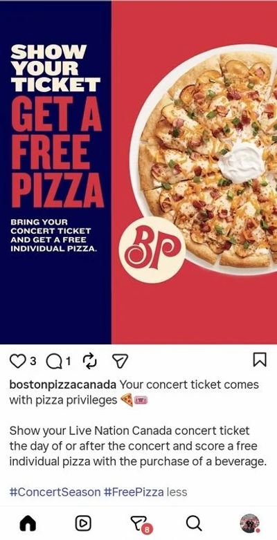 Boston Pizza - Free Individual Pizza With Concert Ticket