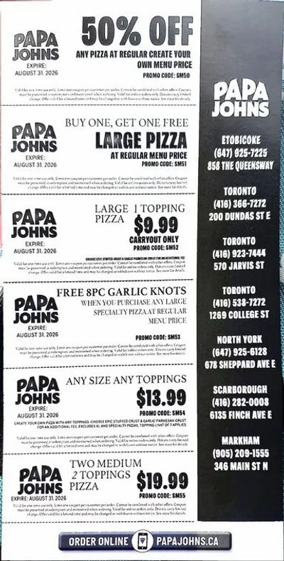 Papa John's Pizza: Papa Johns 50% off and more