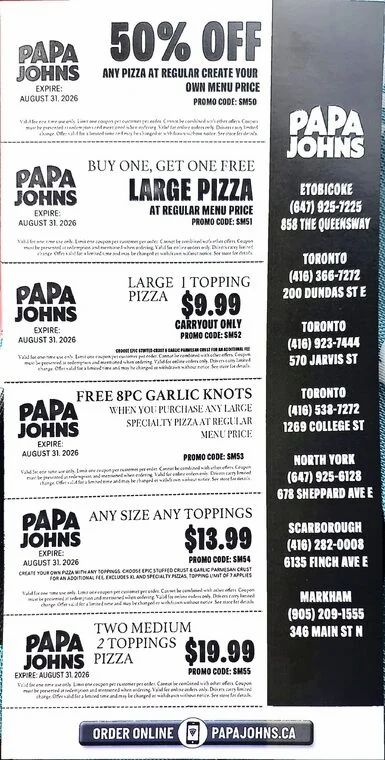 Papa John's Pizza: Papa Johns 50% off and more