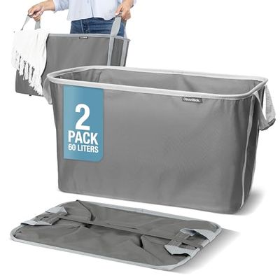 CleverMade Collapsible Laundry Basket 2 Pack – 60L (16 Gal) Foldable Clothes Hamper with Reinforced Handles, Space Saving Fabric Laundry Bin, Holds 55 lbs, Flat Folding for Dorm, Apartment - Charcoal