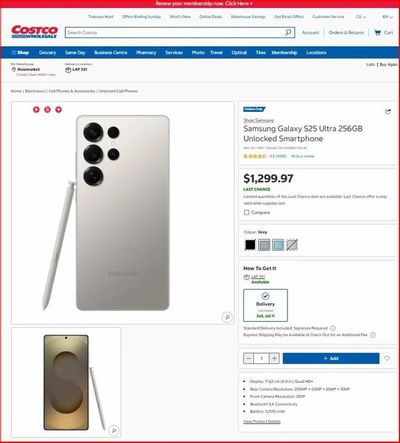 Costco.ca: Samsung Galaxy S25 Ultra 256GB Unlocked (Grey & Light Blue) for $1,199.97 (Via July 9 Spend & Save Promotion)