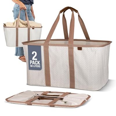 CleverMade Collapsible Laundry Tote 2-Pack (50L) – Foldable Carry-All Storage Bin for Laundry, Car Trunk, RV, Dorm & Home Organization – LUXE Cotton Blend with Vegan Leather Accents, Cream
