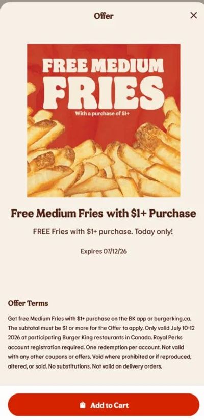 Burger King: Free medium fries with $1 online purchase National Fry Day