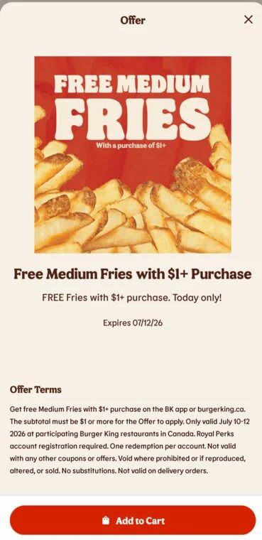 Burger King: Free medium fries with $1 online purchase National Fry Day