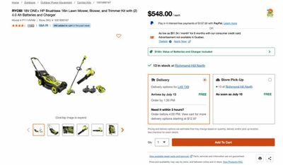 Home Depot: IN-STORE RYOBI 18V Lawn Mower, Blower, and Trimmer Kit with (2) 4.0 Ah Batteries and Charger