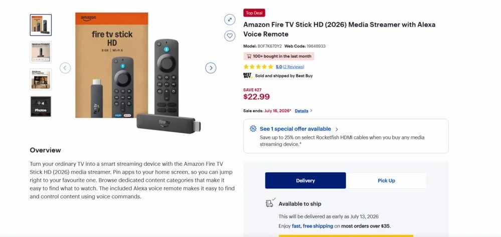 Best Buy: $22.99 - Amazon Fire TV Stick HD (2026) Media Streamer with Alexa Voice Remote
