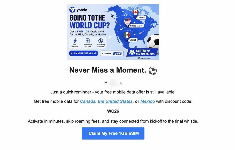 Yatelo: YMMV? Free 1GB esim for Canada, US, Mexico. Limited to first 100 customers ? Discount code: WC26