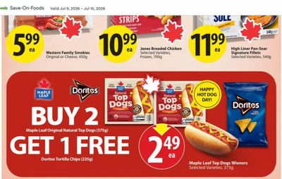 Save On Foods: Buy 2 Maple Leaf Original Natural Top Dogs (375g) and Get a Free Bag of Doritos Chips ($2.49 each)