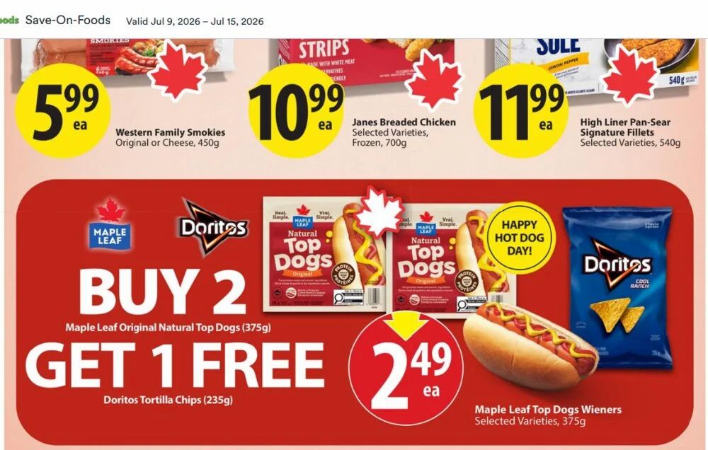 Save On Foods: Buy 2 Maple Leaf Original Natural Top Dogs (375g) and Get a Free Bag of Doritos Chips ($2.49 each)