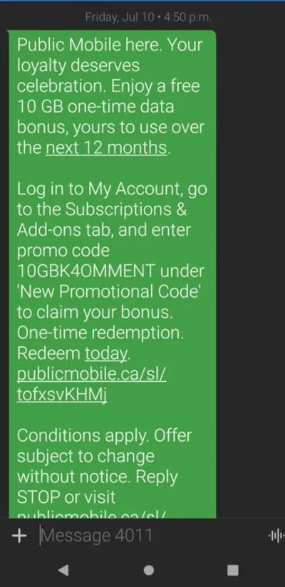 Public Mobile: 10gb free one time over one year FREE