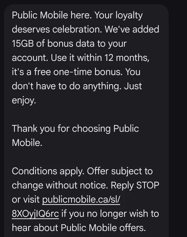 Public Mobile: 10gb free one time over one year FREE