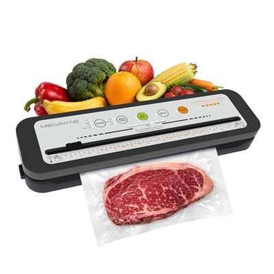 MEGAWISE Vacuum Sealer Machine, 80kPa Automatic Food Sealer with Built-in Cutter, 4 Food Modes & 3 Bag Types, Vac Pulse, 10 Vacuum Bags, Compact Sealer for Sous Vide and Freezer Storage