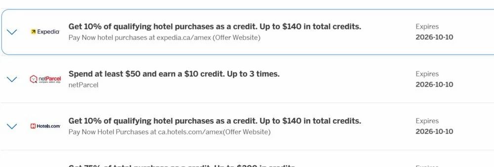 American Express: Amex - Expedia and Hotels.com, get 10% of qualifying purchases as credit ("pay now")