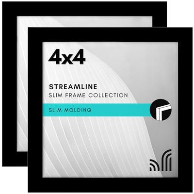 Americanflat 4x4 Picture Frame with Shatter-Resistant Glass - Set of 2 - Streamline Collection - Thin Border Square Frame for Tabletop and Wall - Hanging Hardware and Easel Stand Included - Black