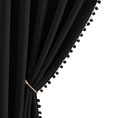 NICETOWN Living Room Blackout Pom Pom Curtains, Pretty Rod Pocket Thermal Insulated Solid Farmhouse Drapes for Living Room Patio Door Sliding Glass Door (Set of 2, 42 inches by 84 inches, Black)