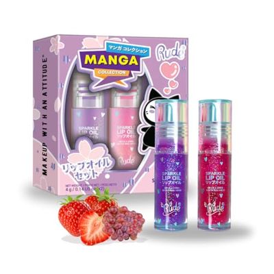 Manga Collection Sparkle Lip Oil Duo by Rude Cosmetics for Women - 2 Pc 0.14oz Sparkle Lip Oil -Strawberry, 0.14oz Sparkle Lip Oil - Grape