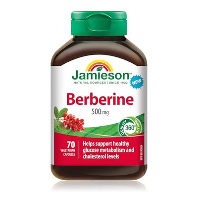 Jamieson Berberine, 500mg, Cholesterol Support, Healthy Glucose Metabolism, Non-GMO, Vegetarian, No Sugar, No Gluten, No Lactose, No Artificial Colours, Flavours, or Preservatives, 70 Capsules