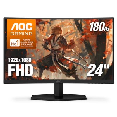 AOC C24G42E 24" Curved Frameless Ultra-Fast Gaming Monitor, FHD 1080p, 180Hz, HDMI 2.0, Display Port, Xbox PS5 Switch Ready, 3-Year Zero-Bright-Dot