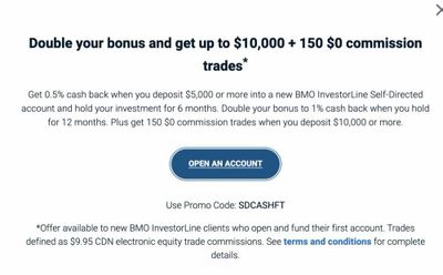 BMO: New Client Offer: Up to 1% Cash Back (Max $10,000) + 150 Free Trades — Min $5K, Promo Code SDCASHFT