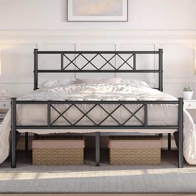 Yaheetech Queen Size Metal Platform Bed Frame Mattress Foundation with Headboard and Footboard No Box Spring Needed Under Bed Storage Steel Slats Black