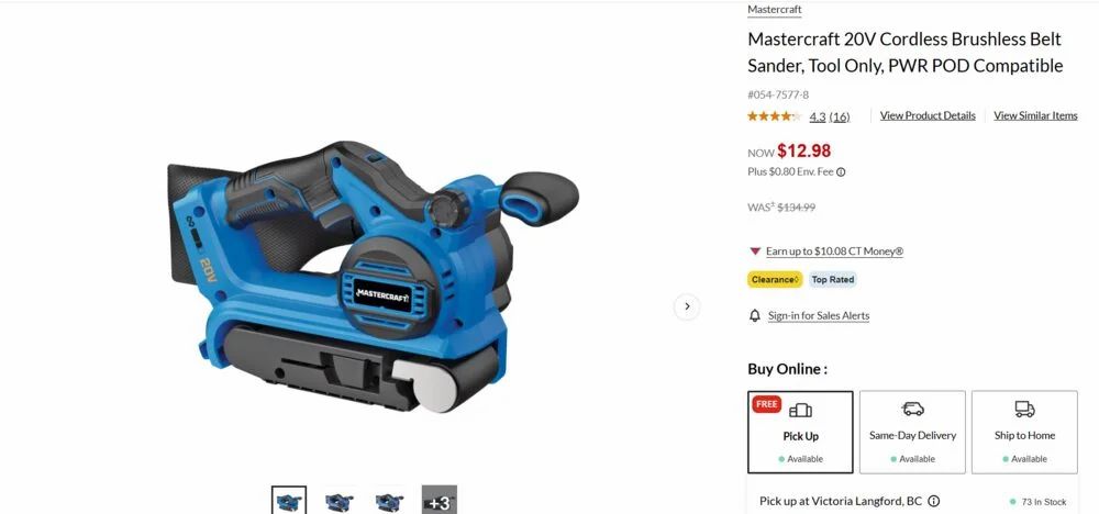 Canadian Tire: Mastercraft 20V Cordless Brushless Belt Sander/Tool Only/PWR POD Compatible $12.98 (reg $134.99)