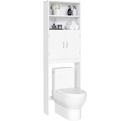Yaheetech Over The Toilet Bathroom Organizer, Wooden Modern Storage Cabinet with Adjustable Shelf and Door, White