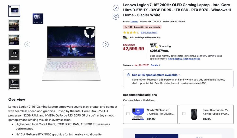 Best Buy: Lenovo Legion 7i 16" 240Hz OLED Gaming Laptop - $2599