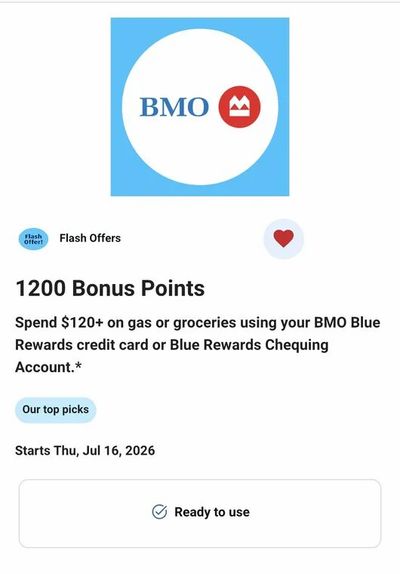 Blue Rewards: BMO Card-Holders Flash Offer: 1200 Points when you Spend $120 Total on Gas or Groceries (July 16-19)