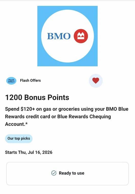 Blue Rewards: BMO Card-Holders Flash Offer: 1200 Points when you Spend $120 Total on Gas or Groceries (July 16-19)