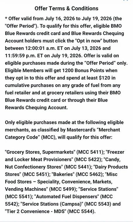 Blue Rewards: BMO Card-Holders Flash Offer: 1200 Points when you Spend $120 Total on Gas or Groceries (July 16-19)