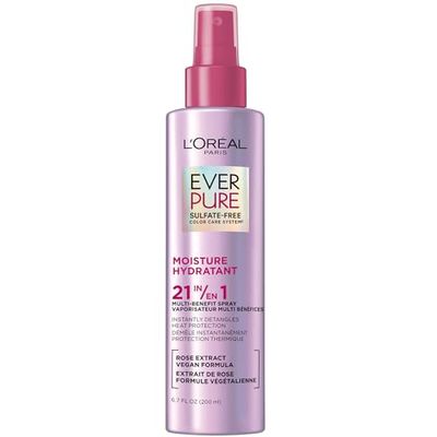 L'Oréal Paris EverPure Sulfate Free Moisture 21-in-1 Leave in Conditioner, Heat Protectant Spray For Hair for Colour-Treated Hair, Multi-Benefit Spray with Rose Extract, Detangles and Softens, 200ml