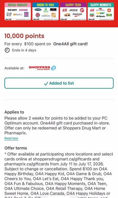 Shoppers Drug Mart: 10,000 points For every $100 spent on One4All gift card (includes Home Depot)