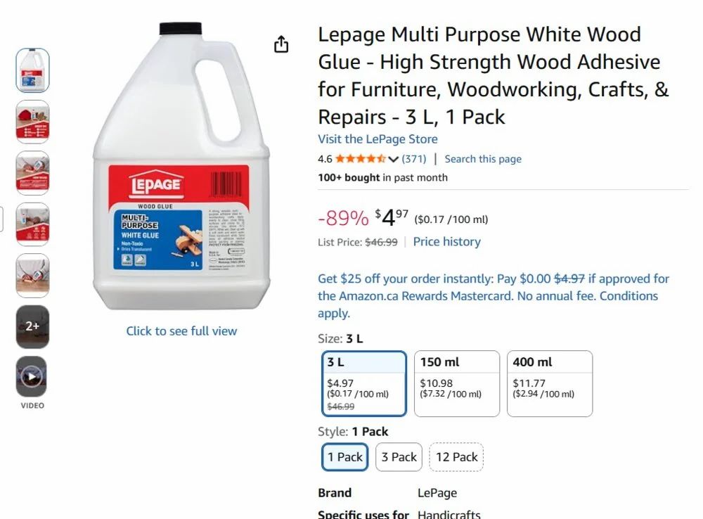 Amazon.ca: Lepage Multi Purpose White Wood Glue - High Strength Wood Adhesive for Furniture, Woodworking- 3 L $4.97 (reg. $46.99)