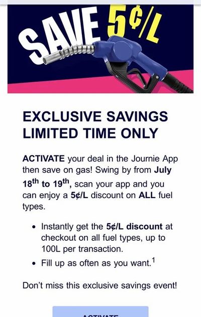 Journie YMMV ?: 5¢/L off all gas - July 18-19