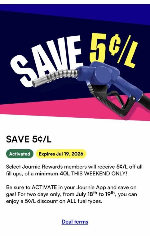 Journie YMMV ?: 5¢/L off all gas - July 18-19