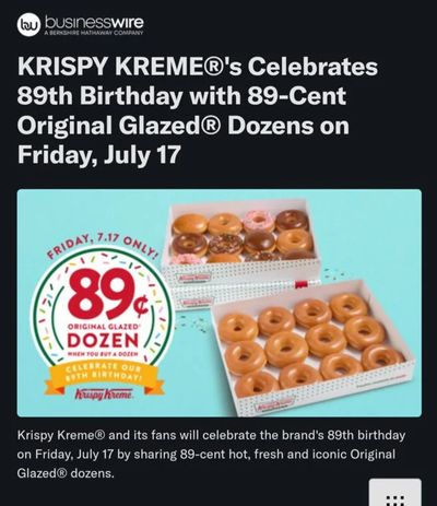 Krispy Kreme BOGO 89 cents original glaze