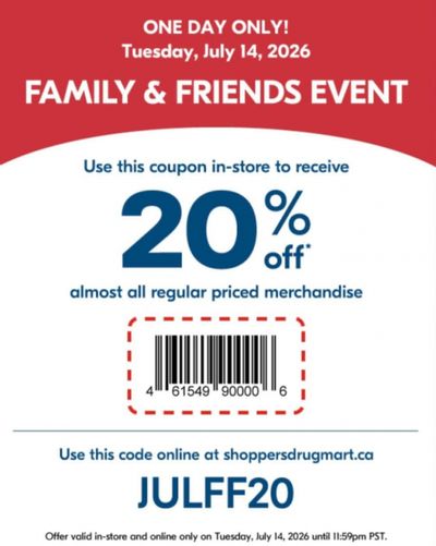 Shoppers Drug Mart Canada Family & Friends Event: Get 20% off Regular Priced Items Today Only