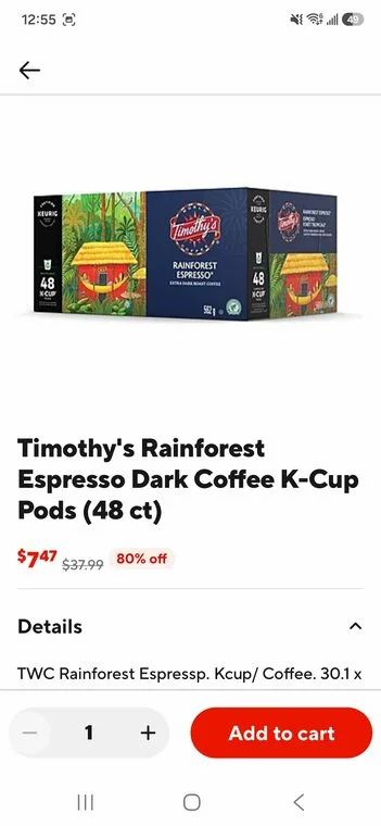 Staples: Doordash @ Staples: $7.47 for 48 Timothys K Cups! (Get an extra 50% off until 2:00pm Dashpass only $45+, max $26 off)