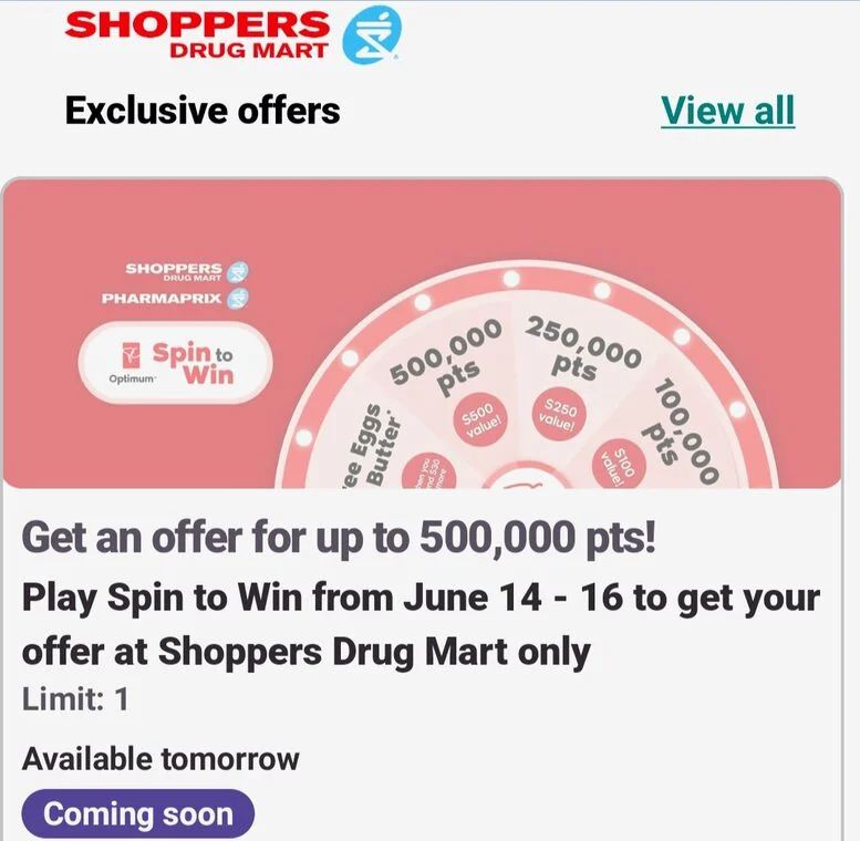 Shoppers Drug Mart: Spin To Win (Get an Offer for up to 500,000 PCO points) July 16 - 19