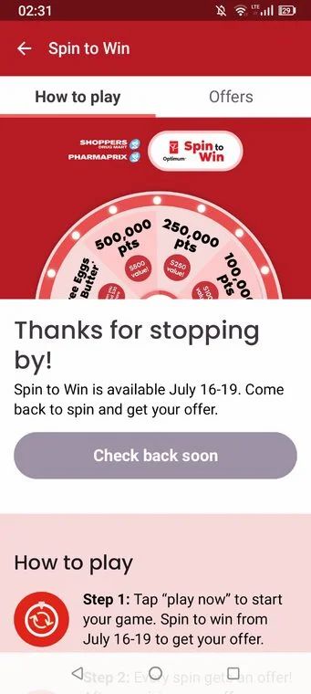 Shoppers Drug Mart: Spin To Win (Get an Offer for up to 500,000 PCO points) July 16 - 19