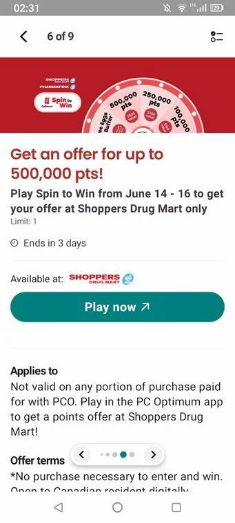 Shoppers Drug Mart: Spin To Win (Get an Offer for up to 500,000 PCO points) July 16 - 19