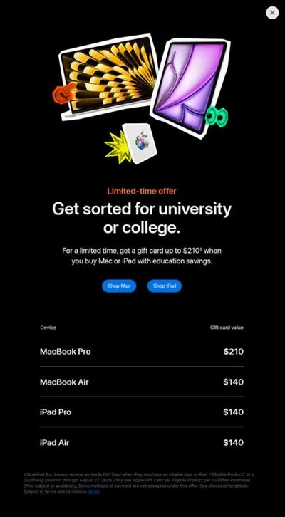 Apple Back to School is on! $140 or 210 Gift Card