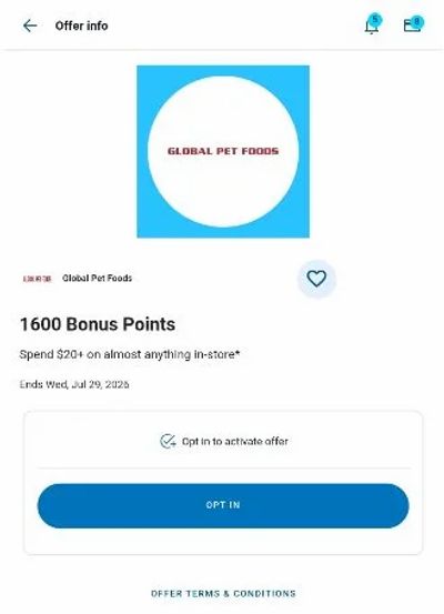 Blue Rewards: Earn 1600 Points ($10.66) with $20+ Spend (YMMV?) at Global Pet Foods