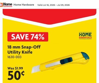 Home Hardware: HOME ESSENTIALS Snap Off Blade Utility Knife - 18 mm $0.50 (reg. $1.99)