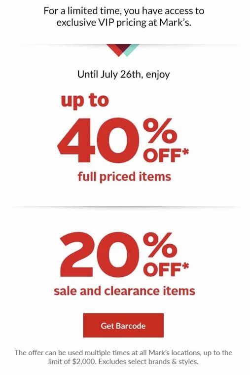 Mark's: Marks - Exclusive VIP Pricing - Up to 40% off, in-store only. July 16-26, 2026
