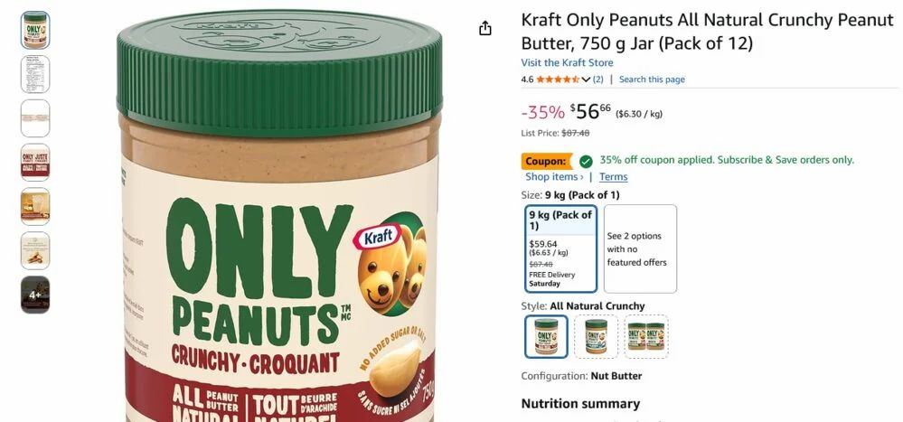 Amazon.ca: Kraft Only Peanuts All Natural Crunchy Peanut Butter, 750 g Jar (Pack of 12) $35.79 after 35% off SS