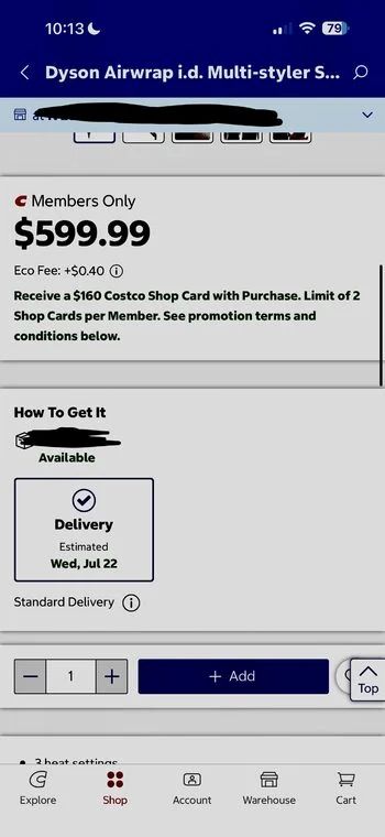 Costco: Dyson Airwrap i.d. Multi-styler Special Edition Curly + Coily Hair, Amber Silk, with $160 Costco Shop Card
