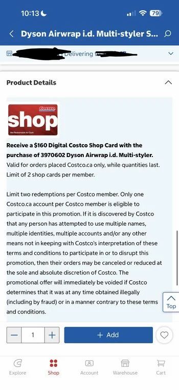 Costco: Dyson Airwrap i.d. Multi-styler Special Edition Curly + Coily Hair, Amber Silk, with $160 Costco Shop Card