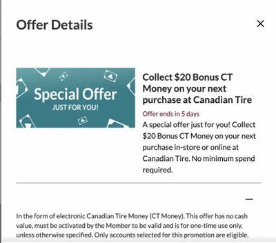 Canadian Tire: $20 Bonus CT Money at Canadian Tire - no minimum spend - online and instore