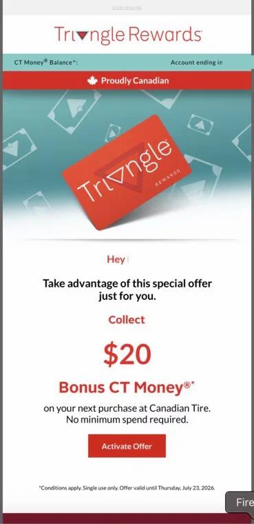 Canadian Tire: $20 Bonus CT Money at Canadian Tire - no minimum spend - online and instore